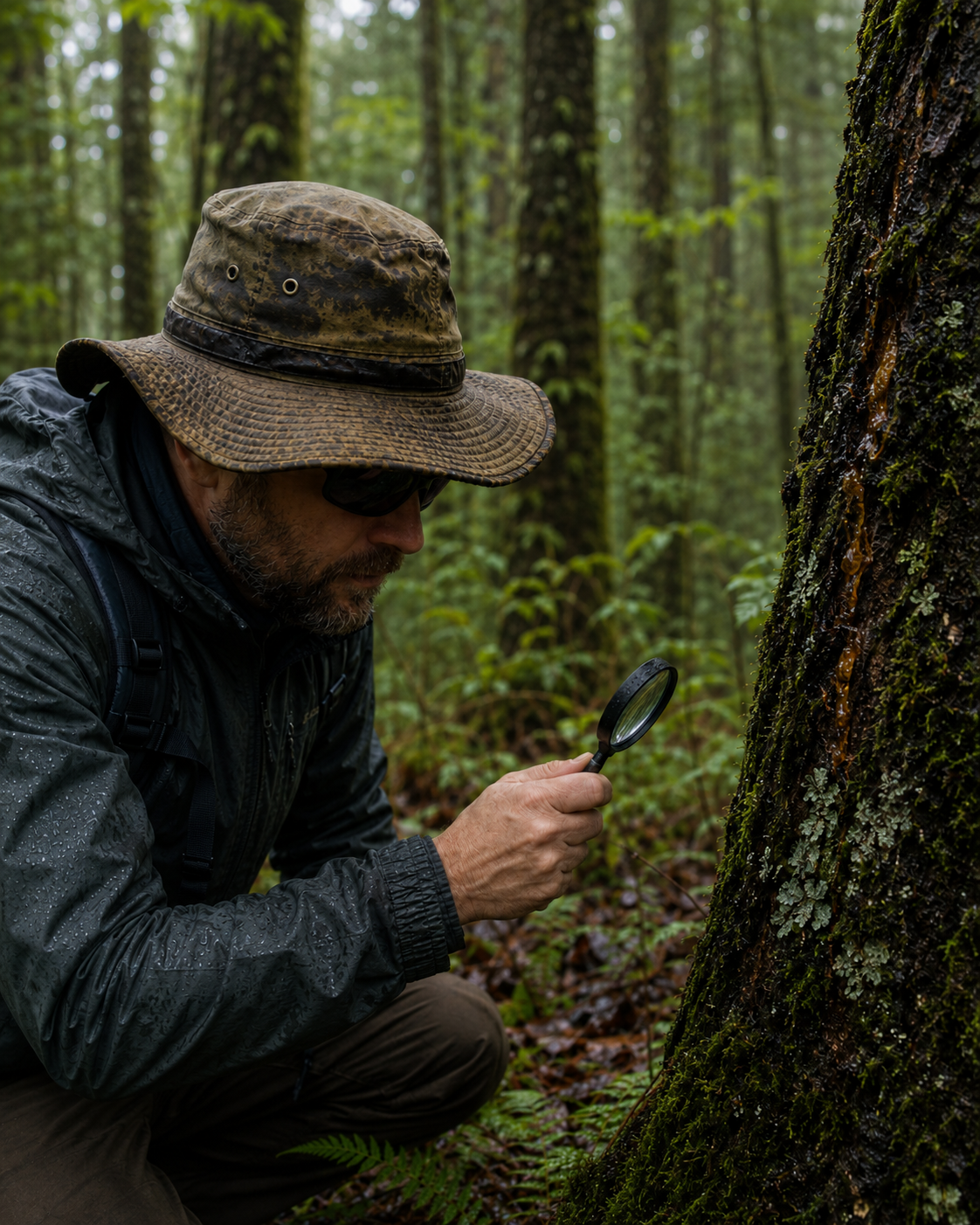 Visitors examining a tree beside a forest stream
