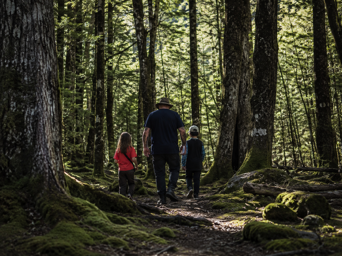 Two visitors documenting a large bracket fungus within the forest