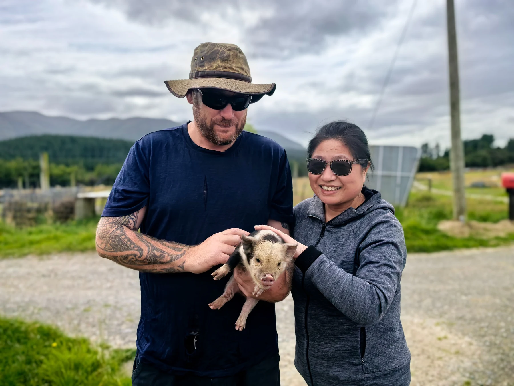 Hosts sharing a piglet with visitors